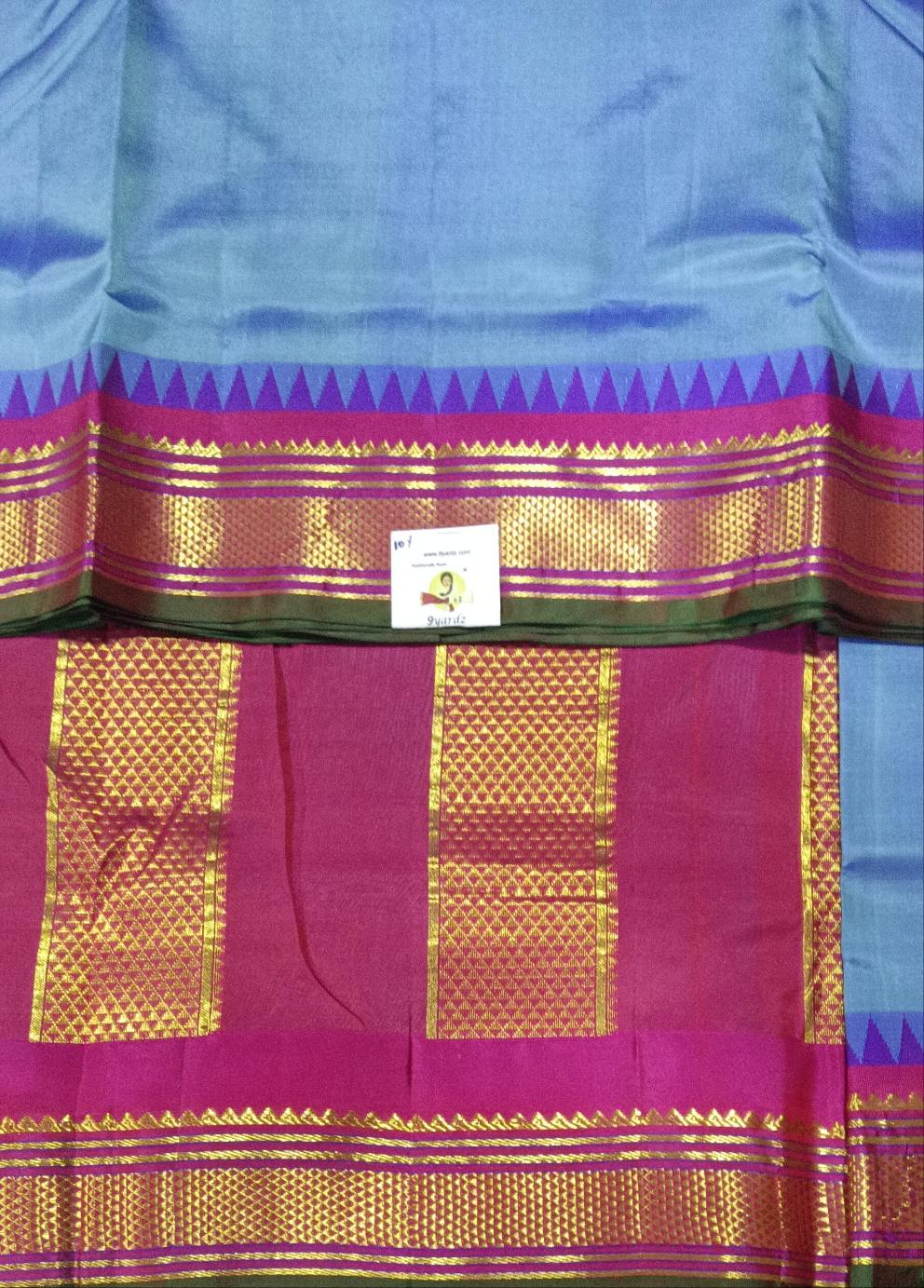 Ice Blue and Pink Pure Silk 10-Yard Saree with Golden Zari Maadampet Motif Border – 9yardz Traditional Collection