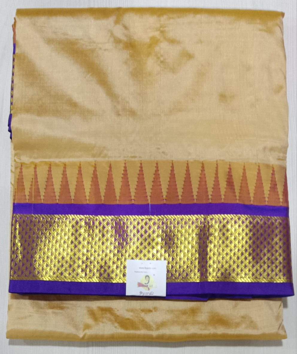 Sandal and Violet Pure Silk 10-Yard Saree with Golden Zari Maadampet Motif Border – 9yardz Traditional Collection