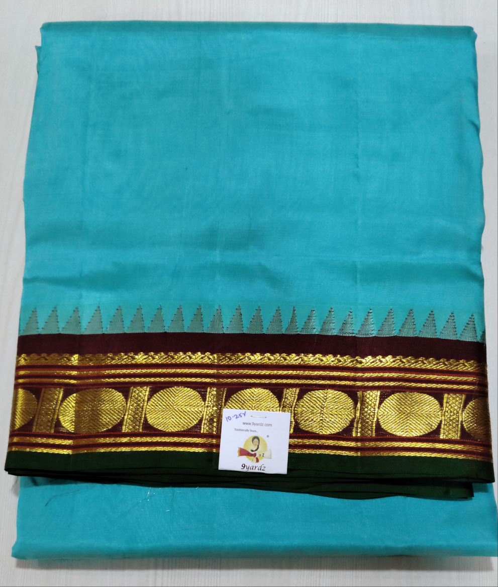 Aqua Blue and Maroon Pure Silk 10-Yard Saree with Golden Zari Ruraksham Motif Border – 9yardz Traditional Collection