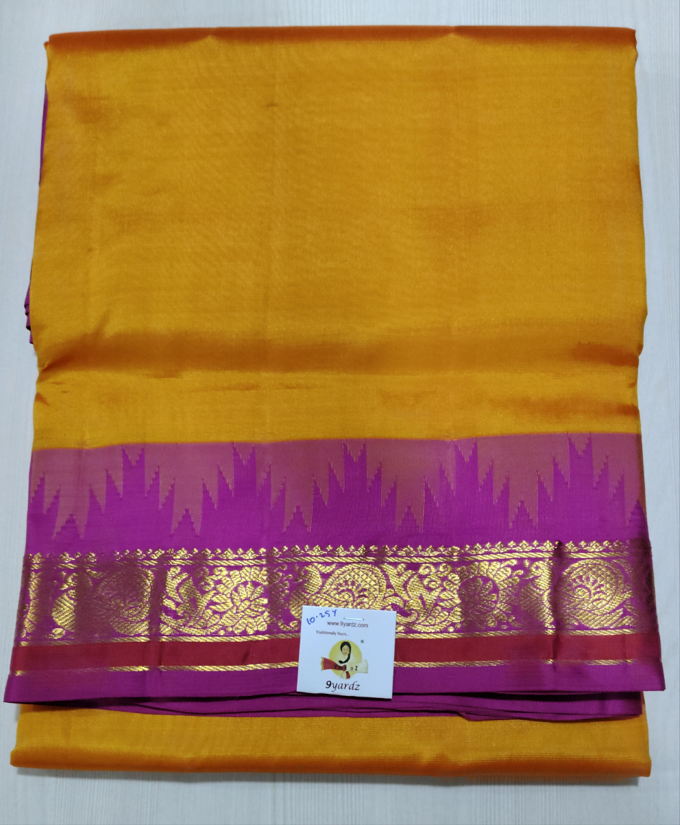 Pure Silk 10-Yard Madisar Saree – Yellow by Rani Pink border  & Gold Zari Border