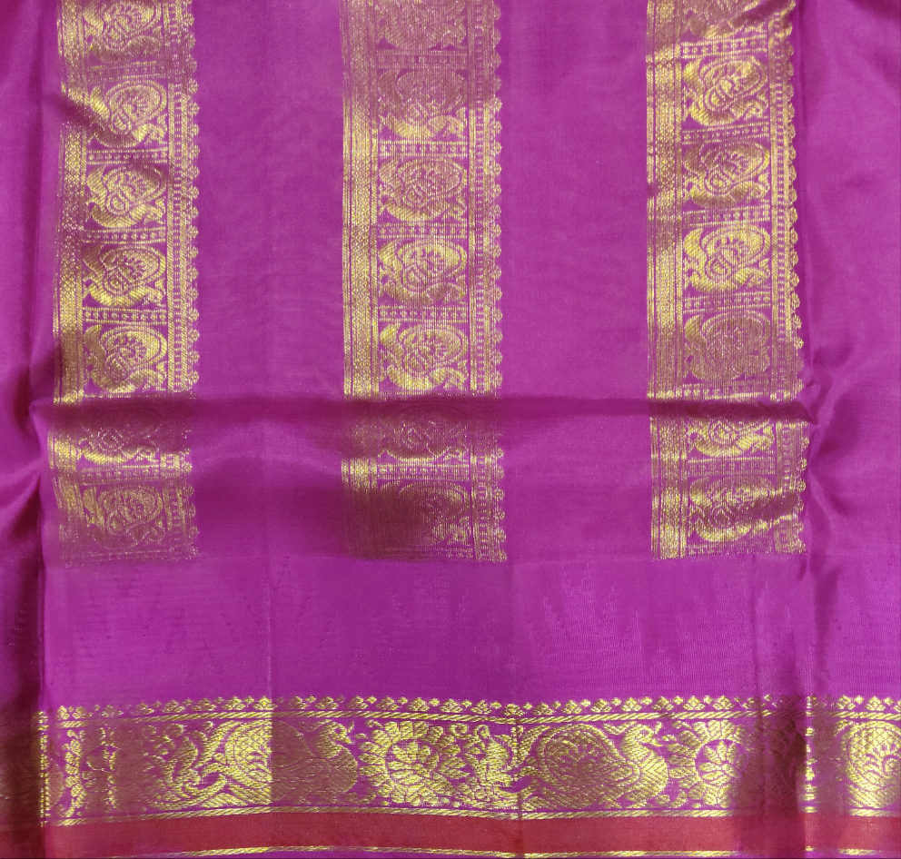 Pure Silk 10-Yard Madisar Saree – Fenugreek Yellow by Rani Pink border & Gold Zari Border