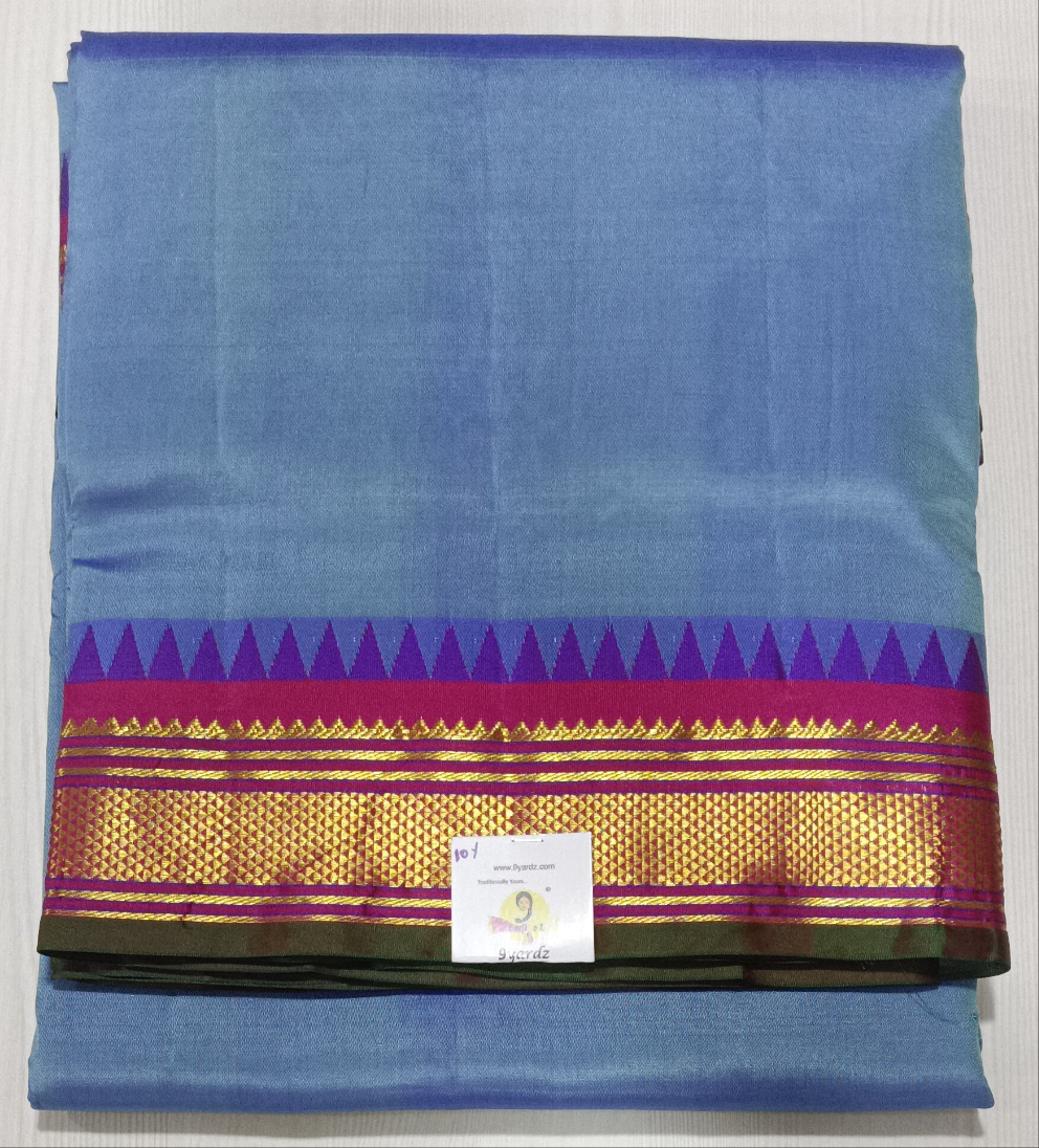 Ice Blue and Pink Pure Silk 10-Yard Saree with Golden Zari Maadampet Motif Border – 9yardz Traditional Collection
