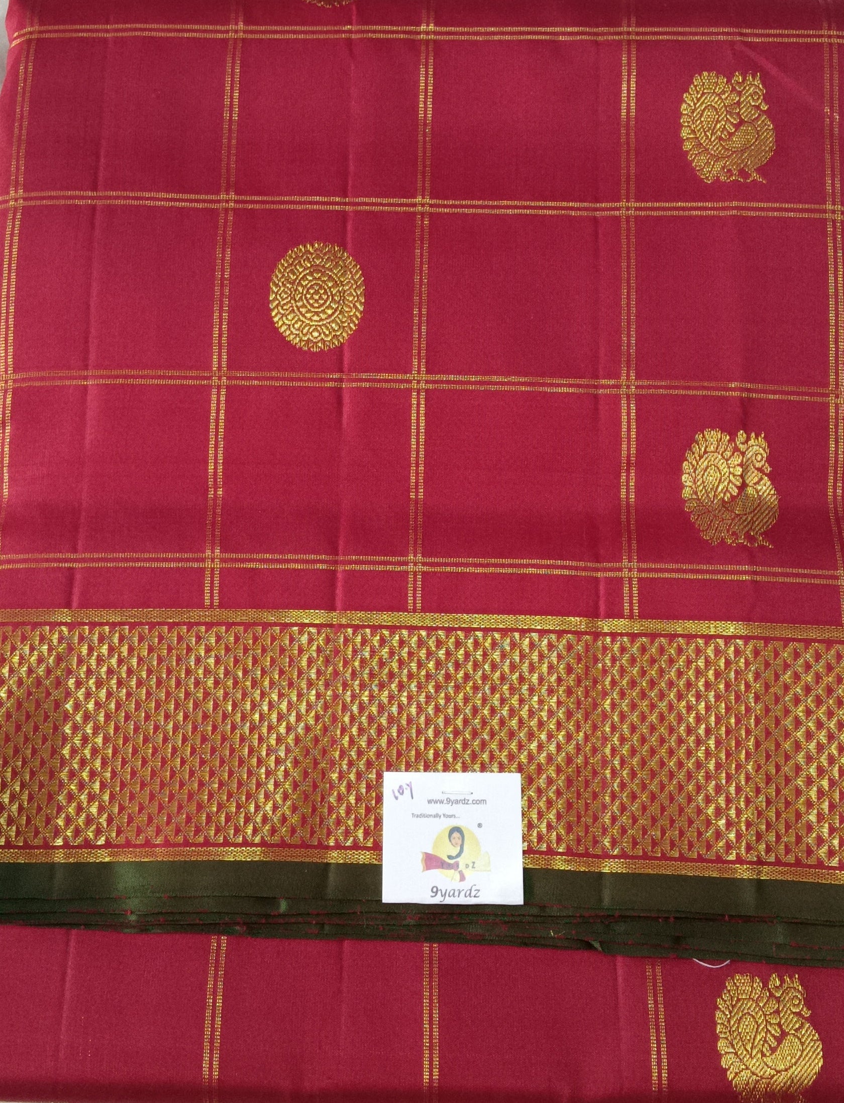 Classic Maroon Pure Silk Madisar Saree (10 Yards) with Gold Peacock Motifs & Broad Zari Border