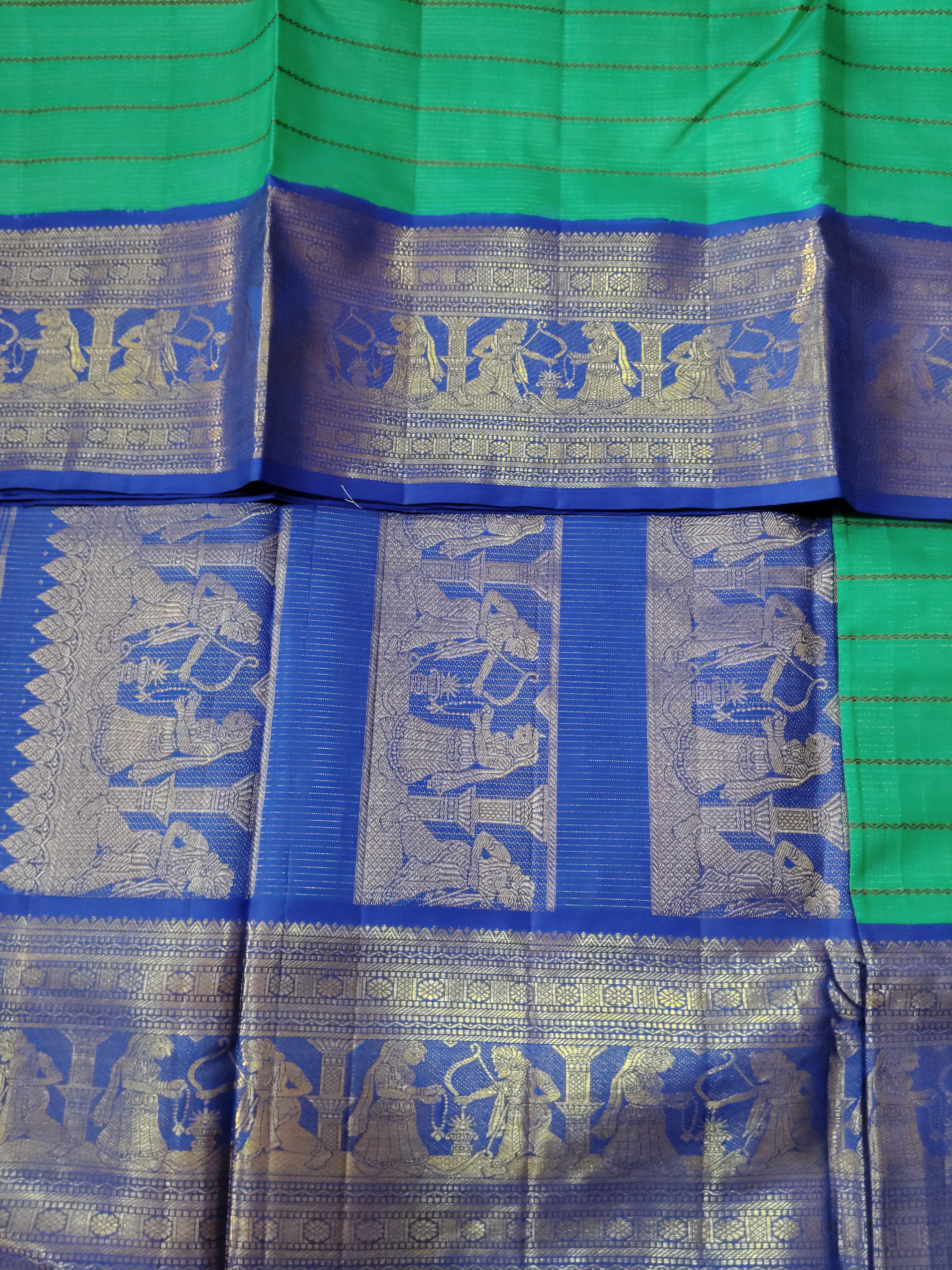 Aqua Blue with Royal Blue Zari Border Pure Silk 9-Yard Madisar Saree – Traditional Figurine Motifs (10yards)