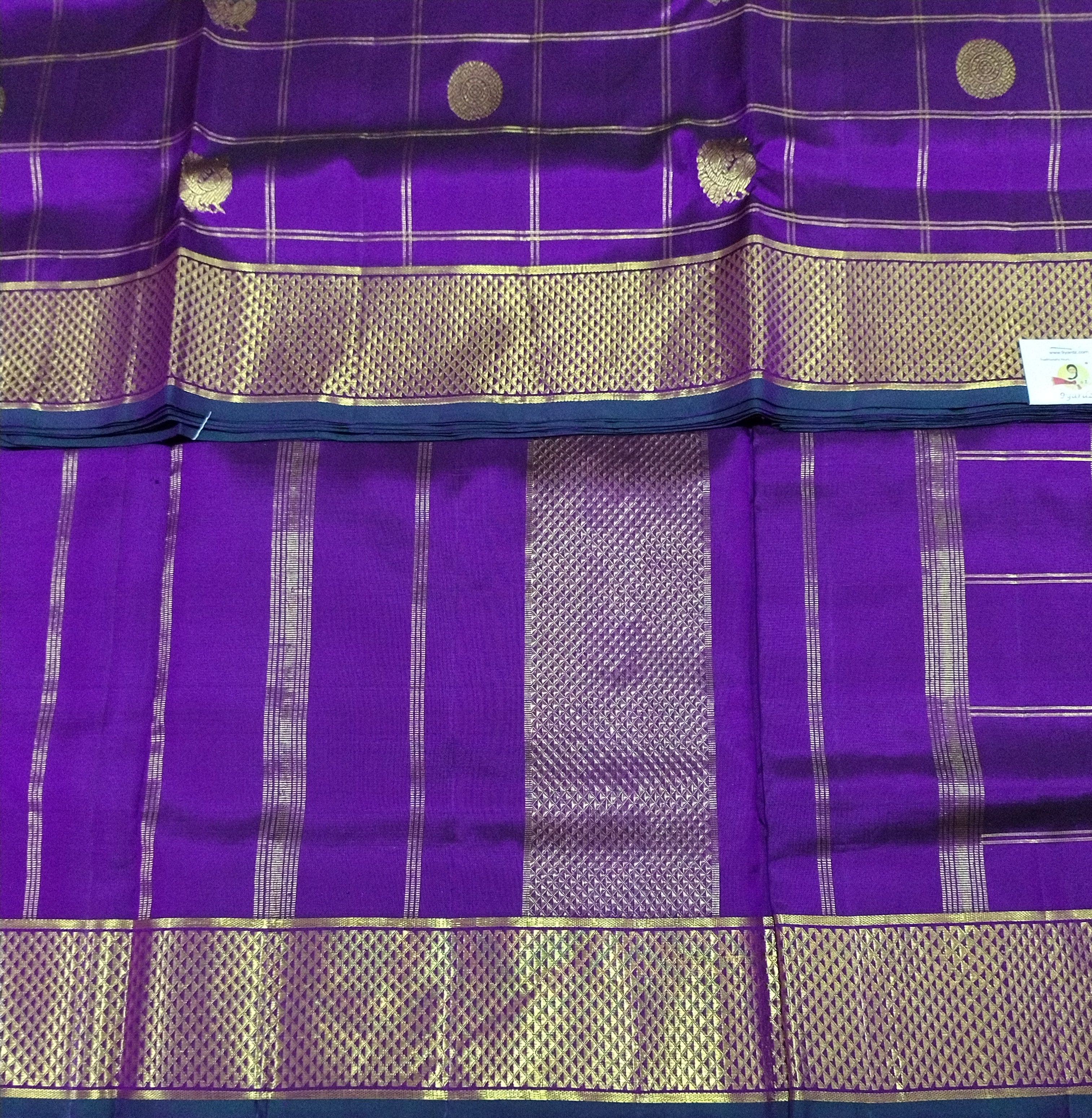 Royal Purple Pure Silk Madisar Saree (9 Yards) with Antique Gold Zari Border