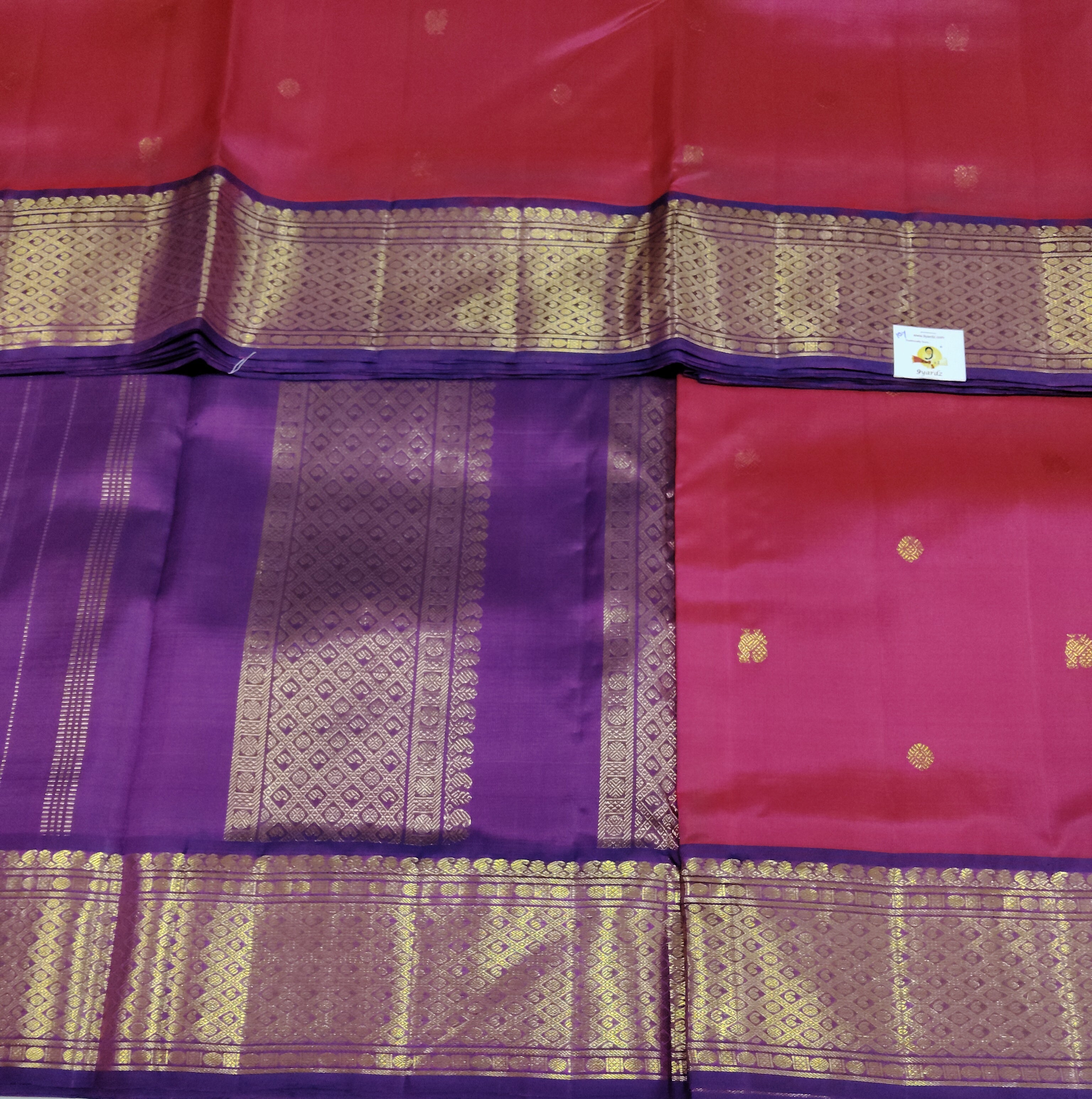 Pure Silk Madisar Saree (10 Yards) with Gold Zari Buttas & Temple Border