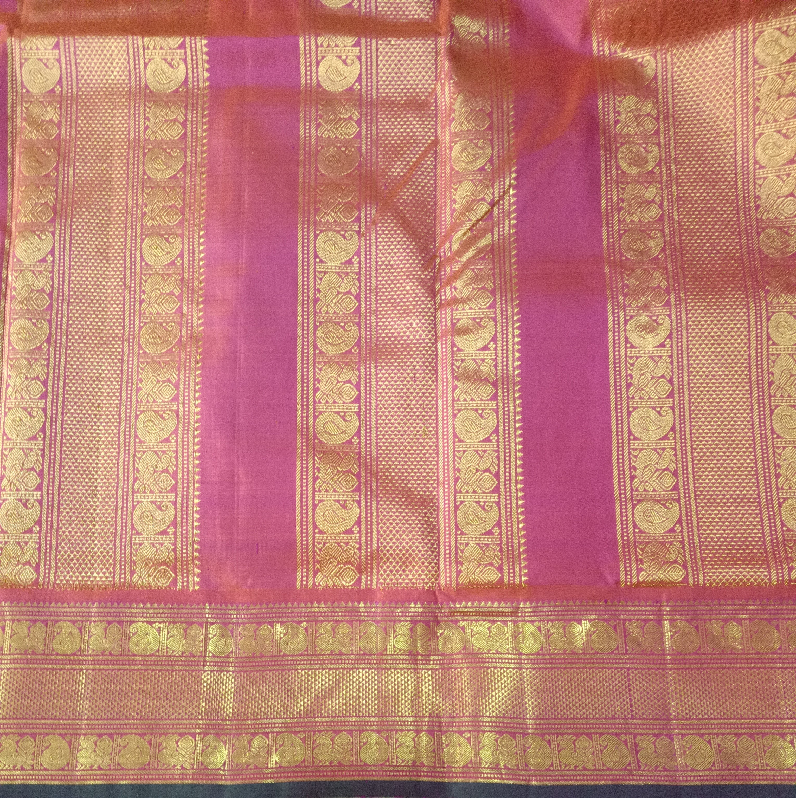 Deep Purple Pure Silk Madisar Saree (10 Yards) with Gold Zari Buttas & Double Border Design