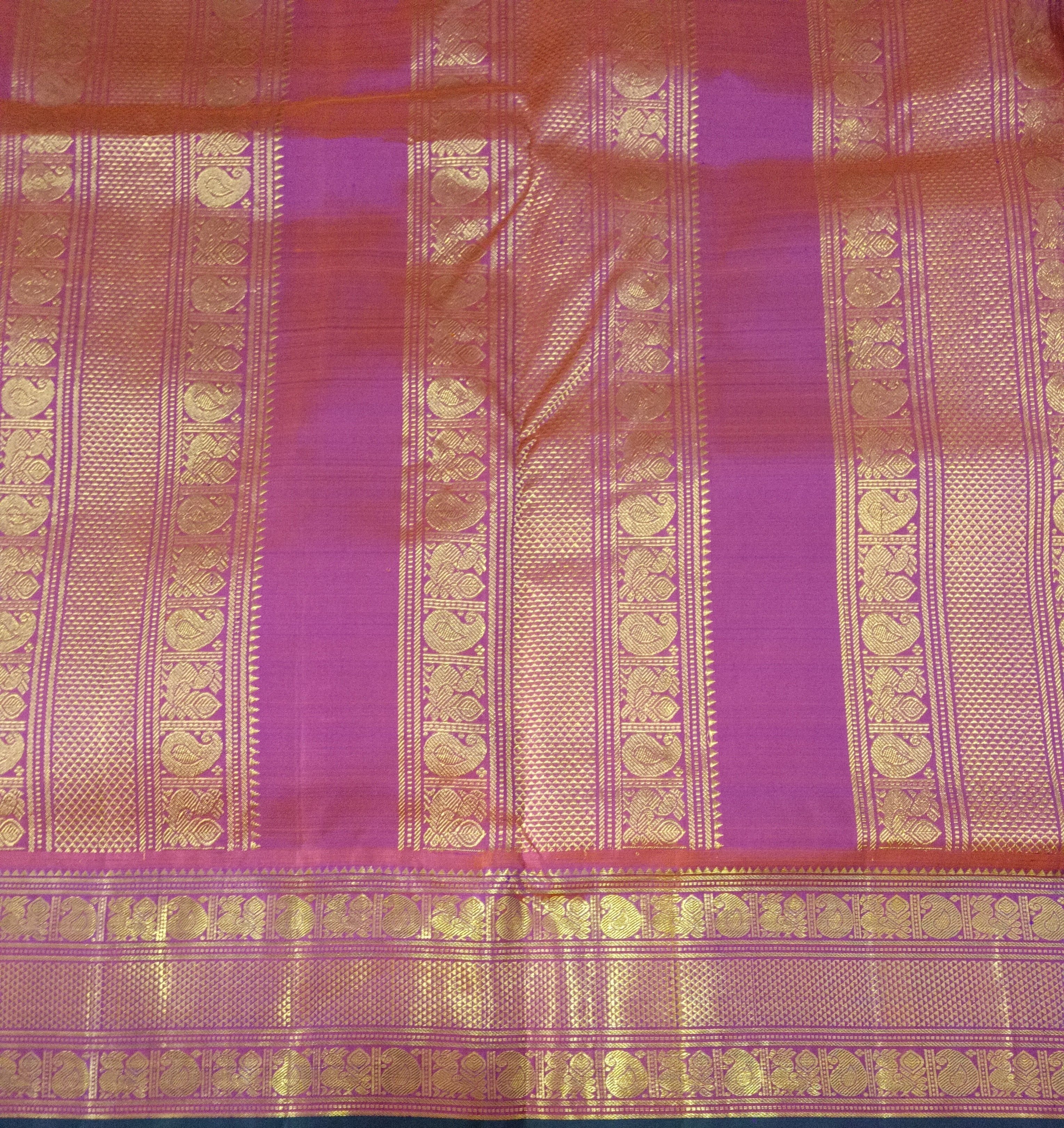 Deep Violet Pure Silk Madisar Saree (10 Yards) with Gold Zari Buttas & Temple Border