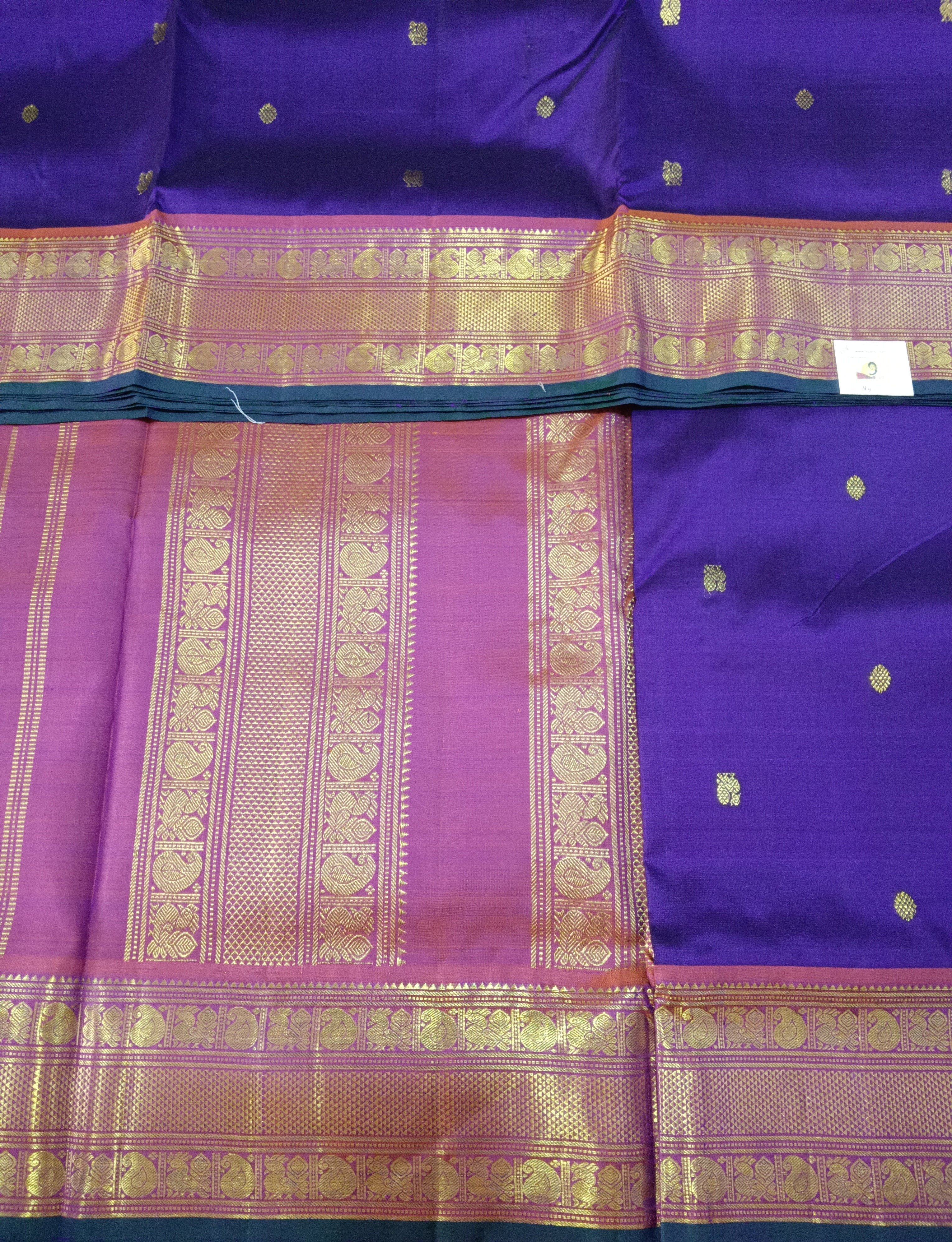Deep Violet Pure Silk Madisar Saree (10 Yards) with Gold Zari Buttas & Temple Border
