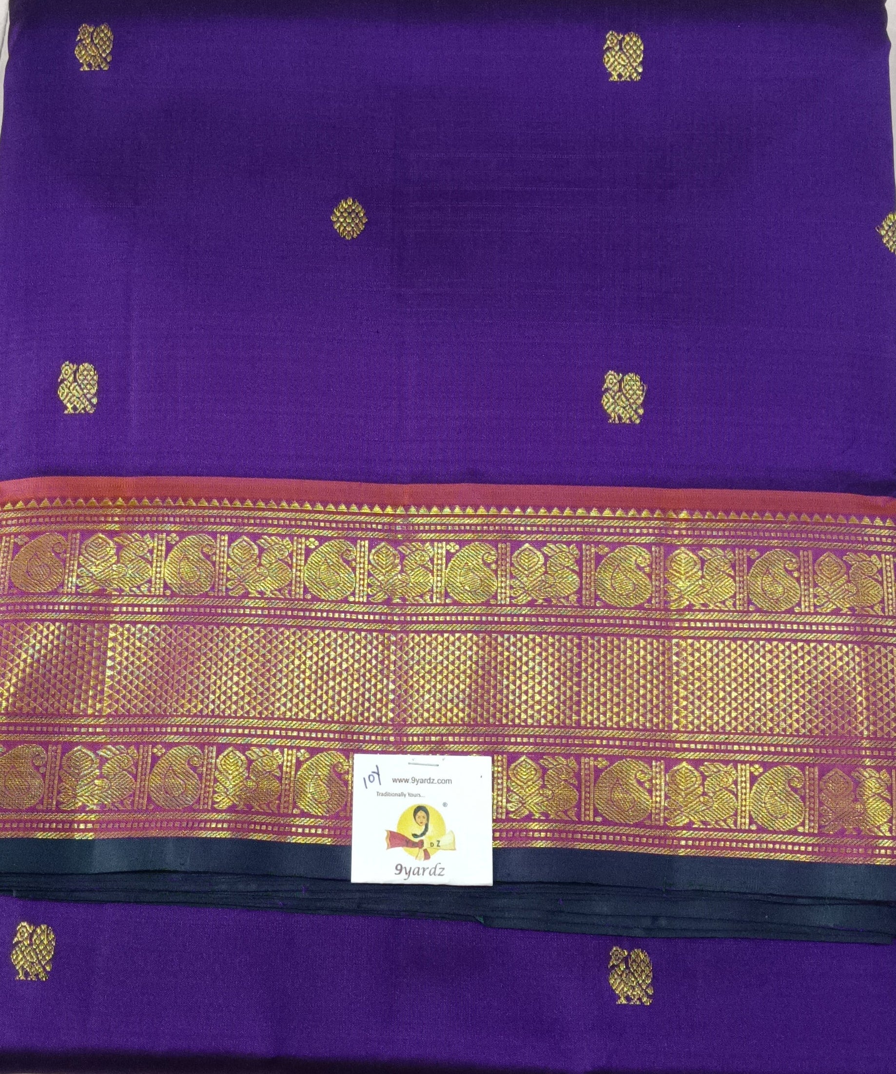 Deep Violet Pure Silk Madisar Saree (10 Yards) with Gold Zari Buttas & Temple Border