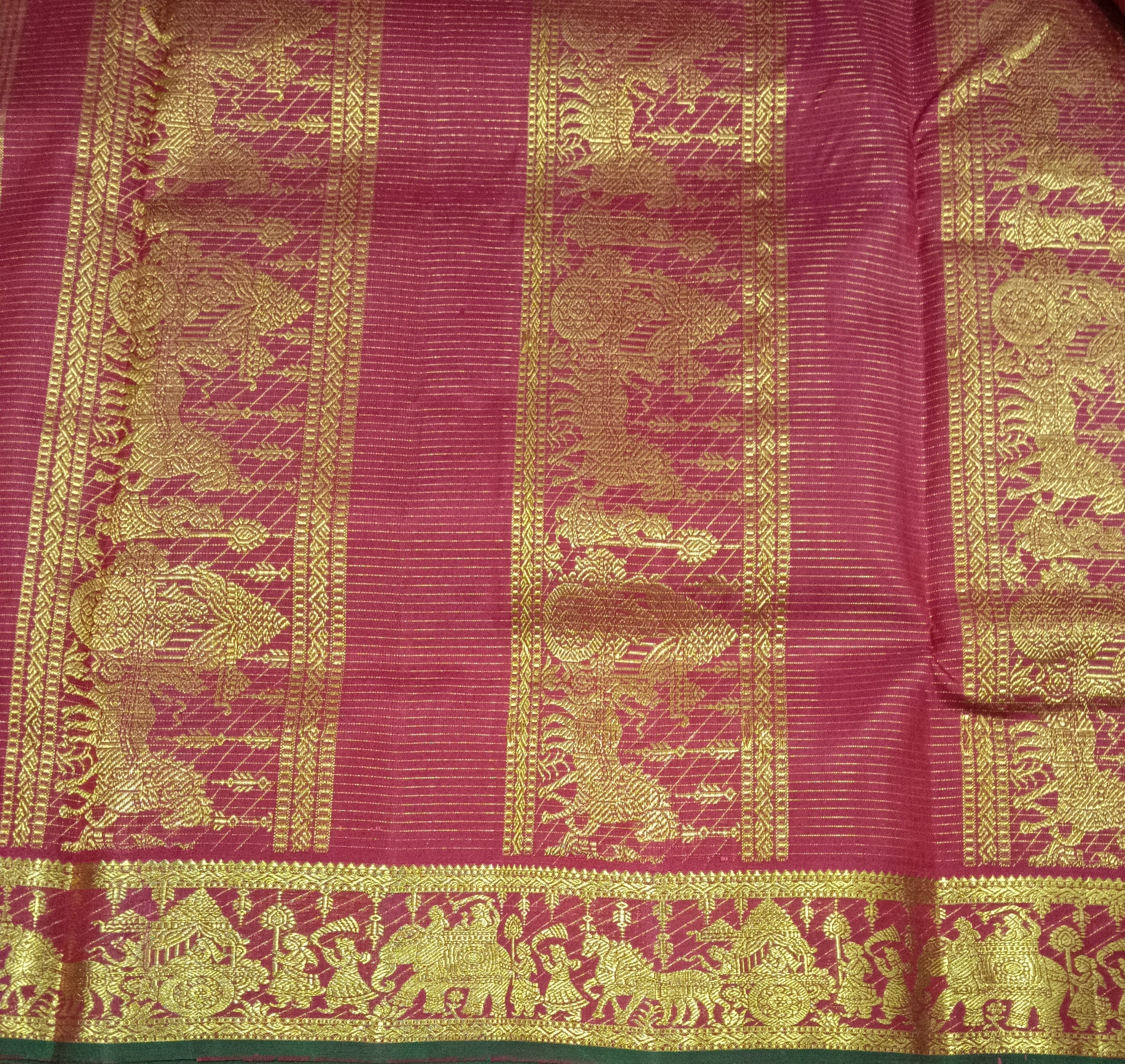 Classic Maroon Pure Silk Madisar Saree (9 Yards) with Mythological Zari Border