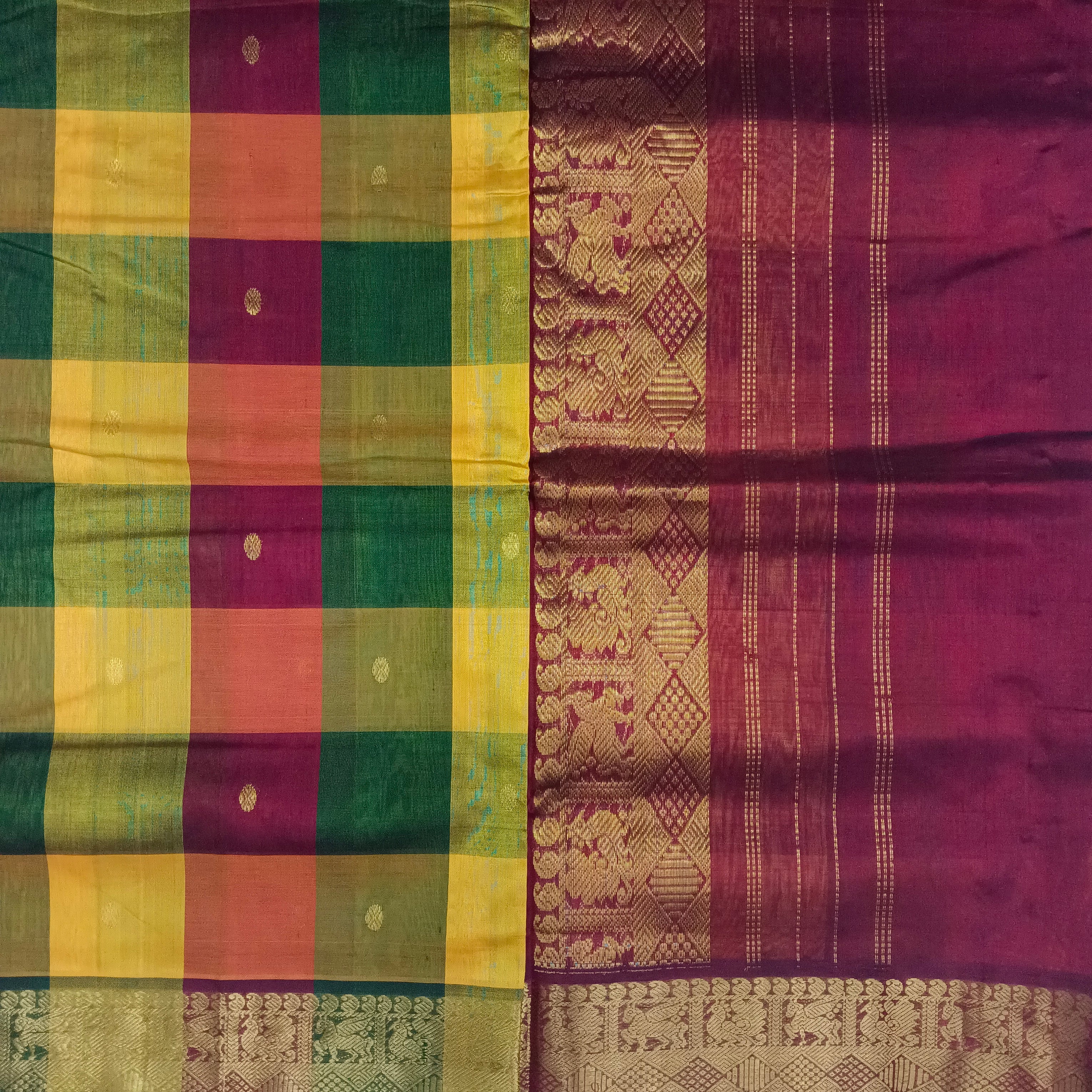 Pure silk cotton- pazhum pazhamum kuttam with butta, 10yards (madisar)