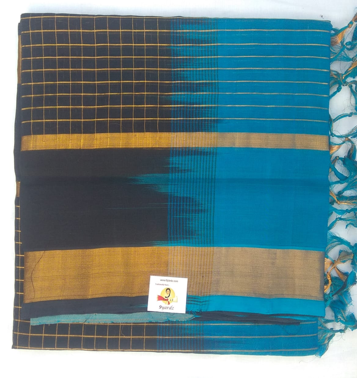 Green andhra cotton saree with all-over unique buttas, contrast border of  paisley vine & pallu of stripes