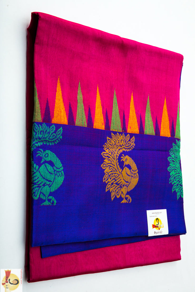 Kuppadam silk cotton - Pink with blue pallu